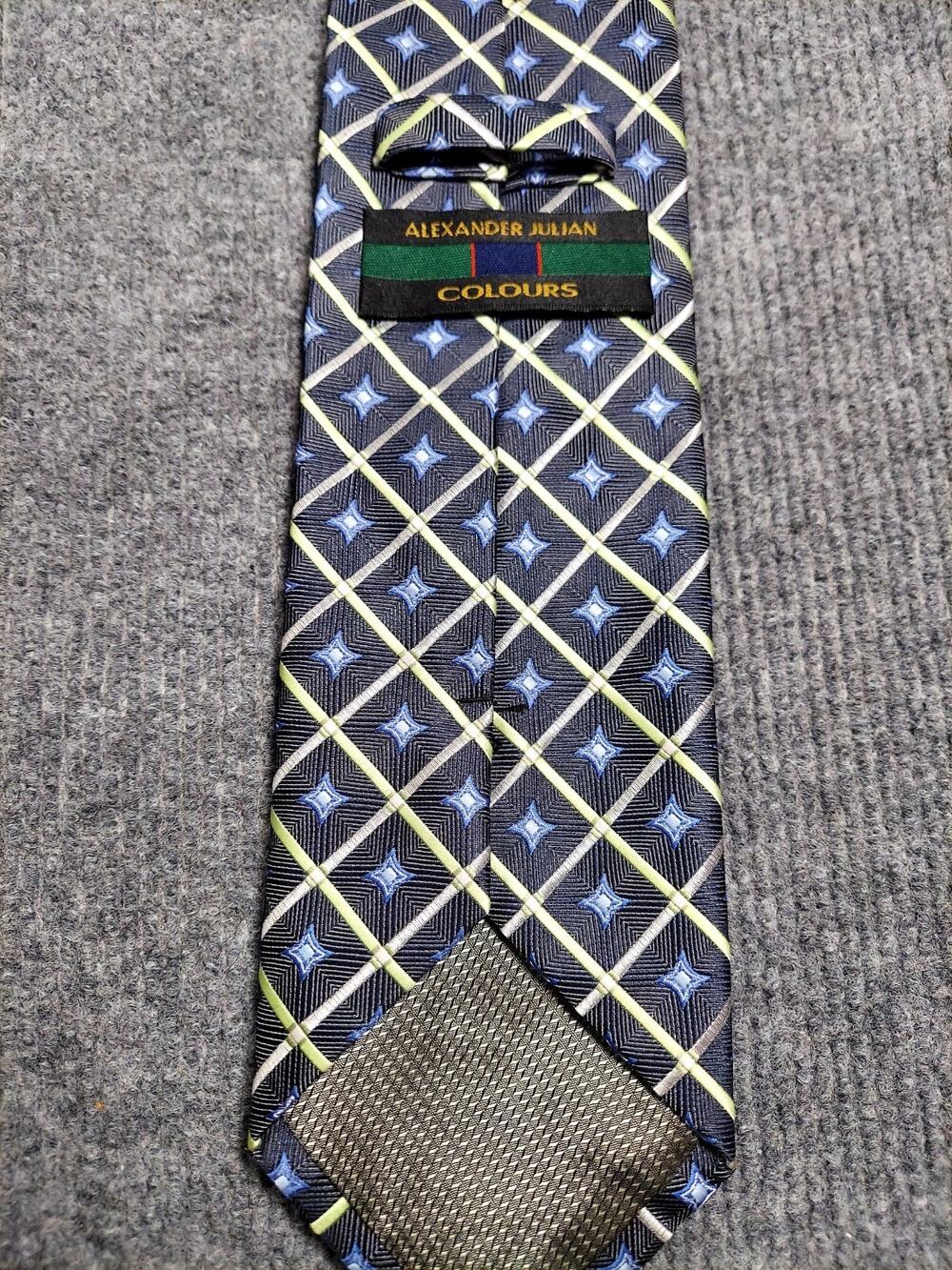 Alexander Julian Colours Mens Tie Navy Blue Lime Green Geometric Diamond Plaid